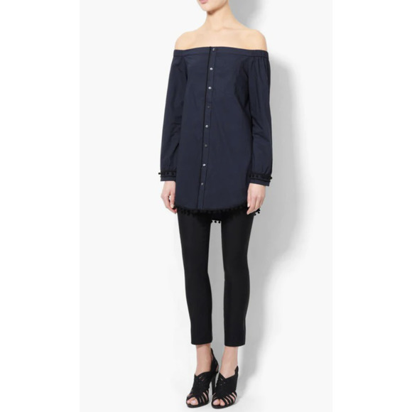 Derek Lam Tops - Derek Lam 10 Crosby Navy Blue Off the Shoulder Pompom Trim Tunic Top Blouse Sz 6